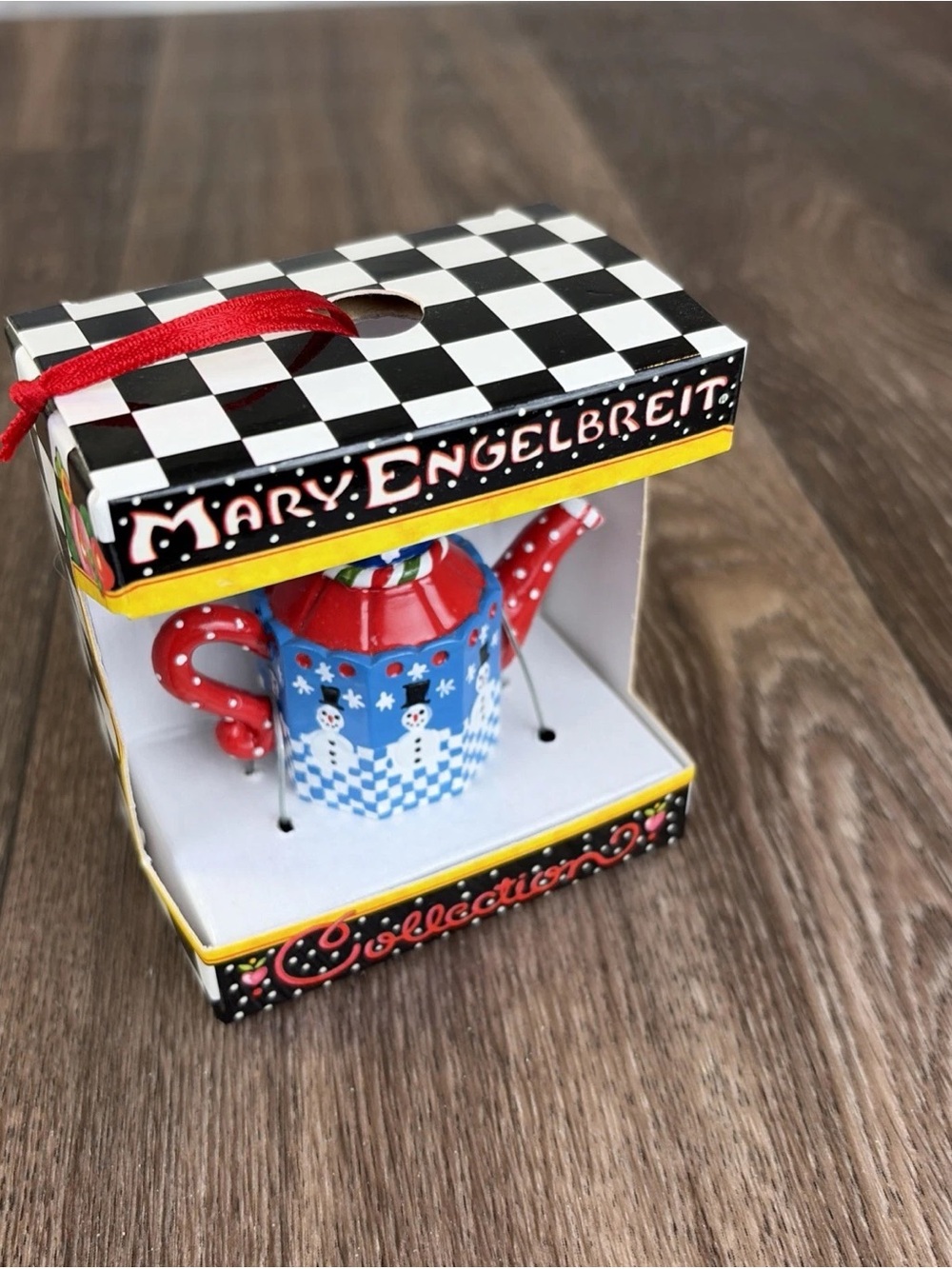 Mary Engelbreit Mini Decorative Snowman Polka Dot Checkered Teapot NIB Ornament - Picture 4 of 5